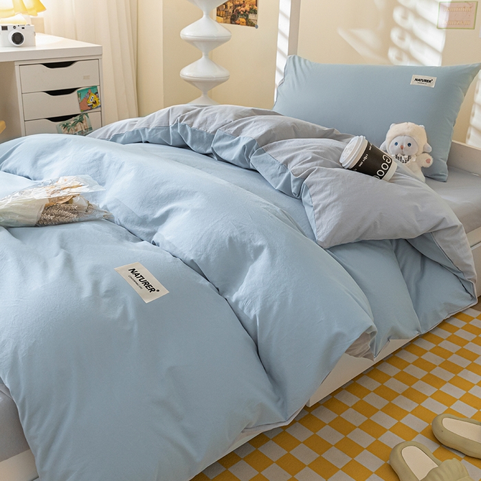 91家纺网 家纺一手货源 找家纺 佳汐蓝家纺 2025新款A类全棉水洗棉学生三件套 贴标-海青+山灰