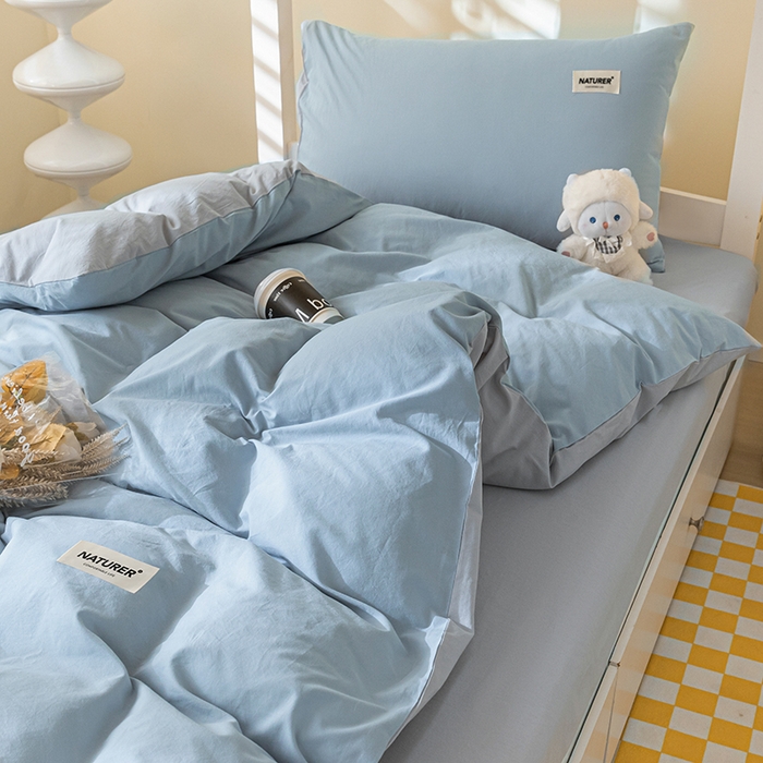 91家纺网 家纺一手货源 找家纺 佳汐蓝家纺 2025新款A类全棉水洗棉学生三件套 贴标-海青+山灰