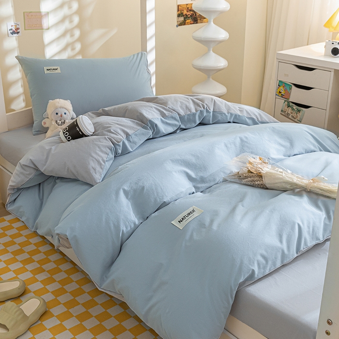 91家纺网 家纺一手货源 找家纺 佳汐蓝家纺 2025新款A类全棉水洗棉学生三件套 贴标-海青+山灰