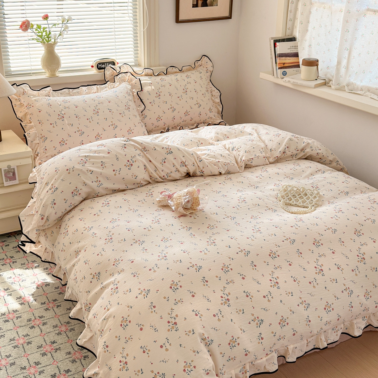 91家纺网 家纺一手货源 找家纺 喜颜 2025新款爆款云感提花双层纱木棉花边四件套 浅夏