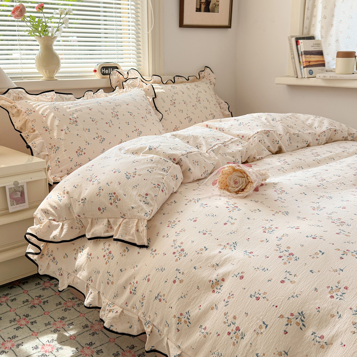 91家纺网 家纺一手货源 找家纺 喜颜 2025新款爆款云感提花双层纱木棉花边四件套 浅夏