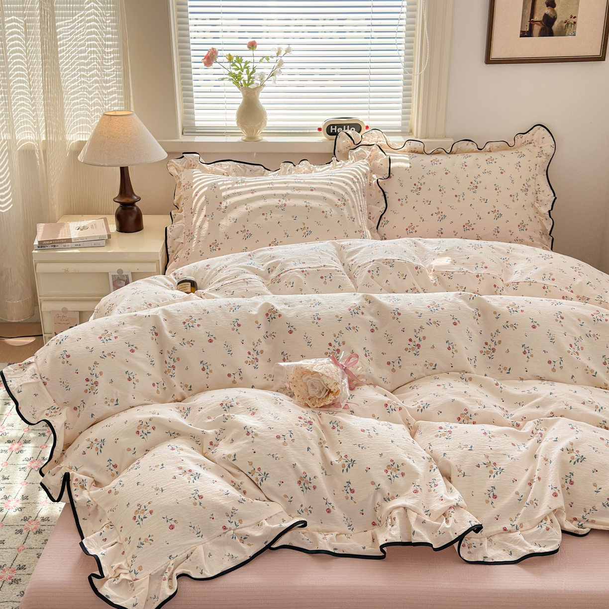 91家纺网 家纺一手货源 找家纺 喜颜 2025新款爆款云感提花双层纱木棉花边四件套 浅夏