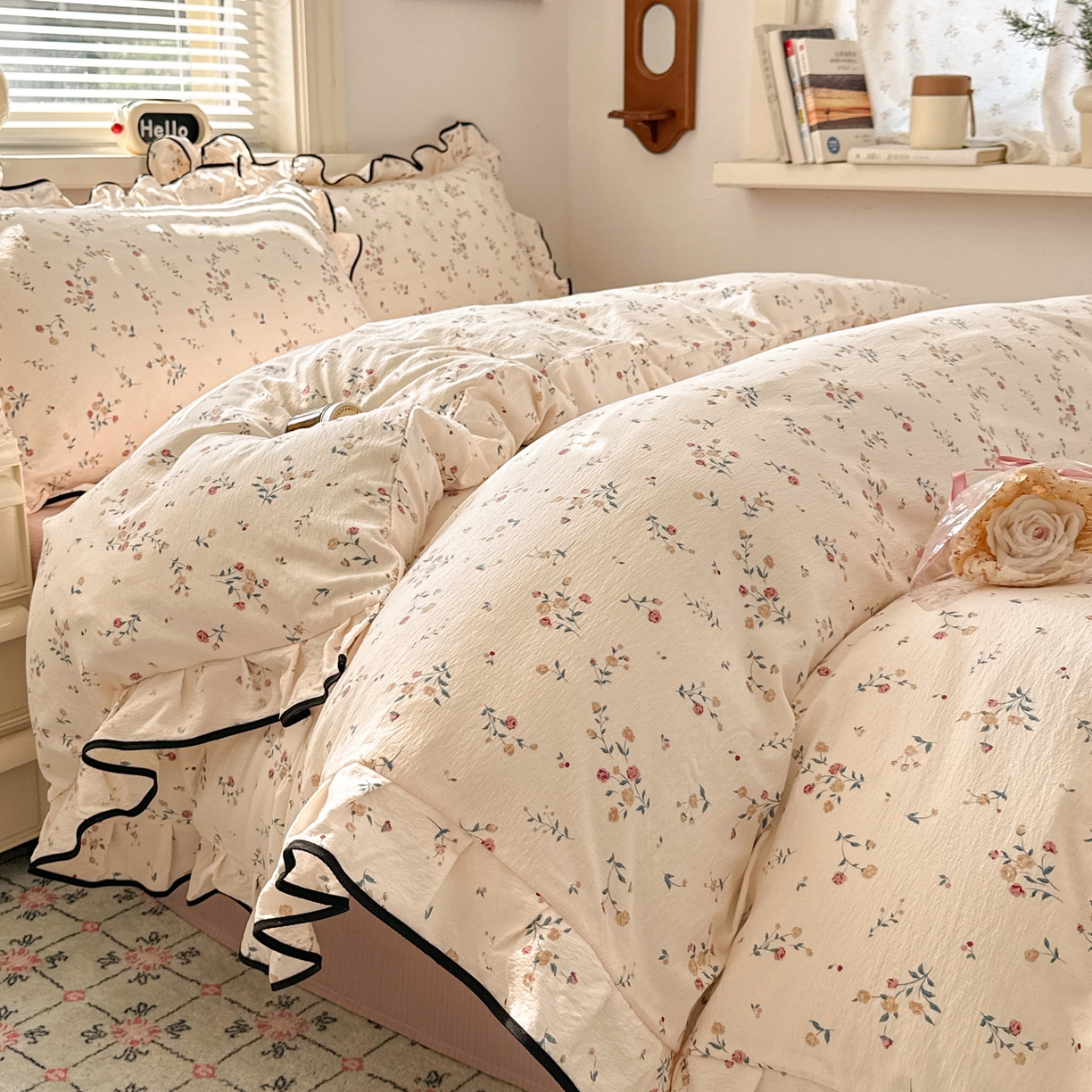 91家纺网 家纺一手货源 找家纺 喜颜 2025新款爆款云感提花双层纱木棉花边四件套 浅夏