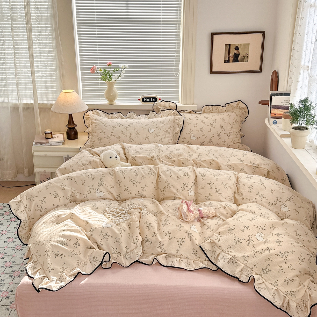 喜颜 2025新款爆款云感提花双层纱木棉花边四件套 碎花小兔