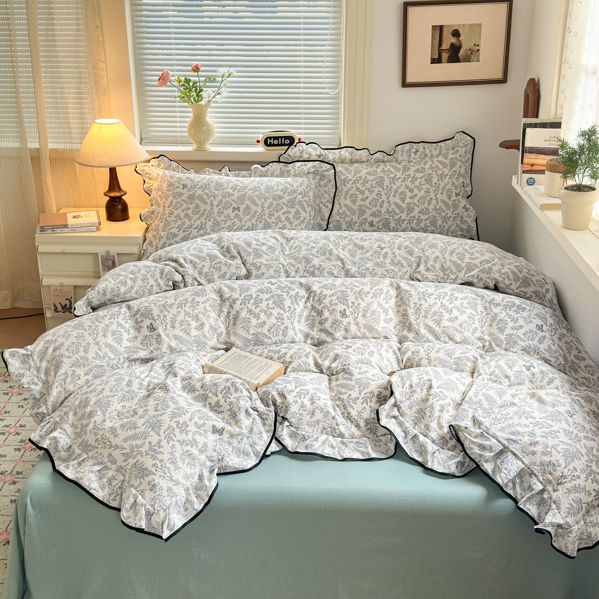 喜颜 2025新款爆款云感提花双层纱木棉花边四件套 优兰