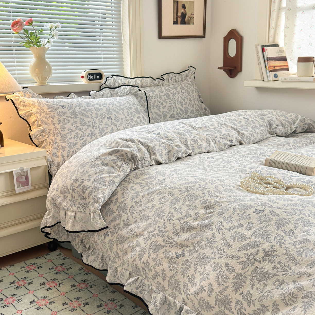 91家纺网 家纺一手货源 找家纺 喜颜 2025新款爆款云感提花双层纱木棉花边四件套 优兰