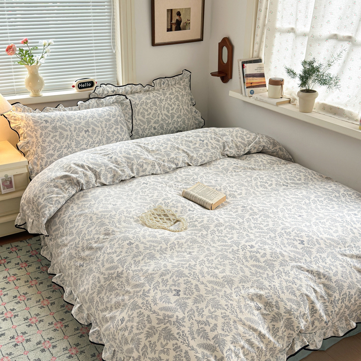 91家纺网 家纺一手货源 找家纺 喜颜 2025新款爆款云感提花双层纱木棉花边四件套 优兰