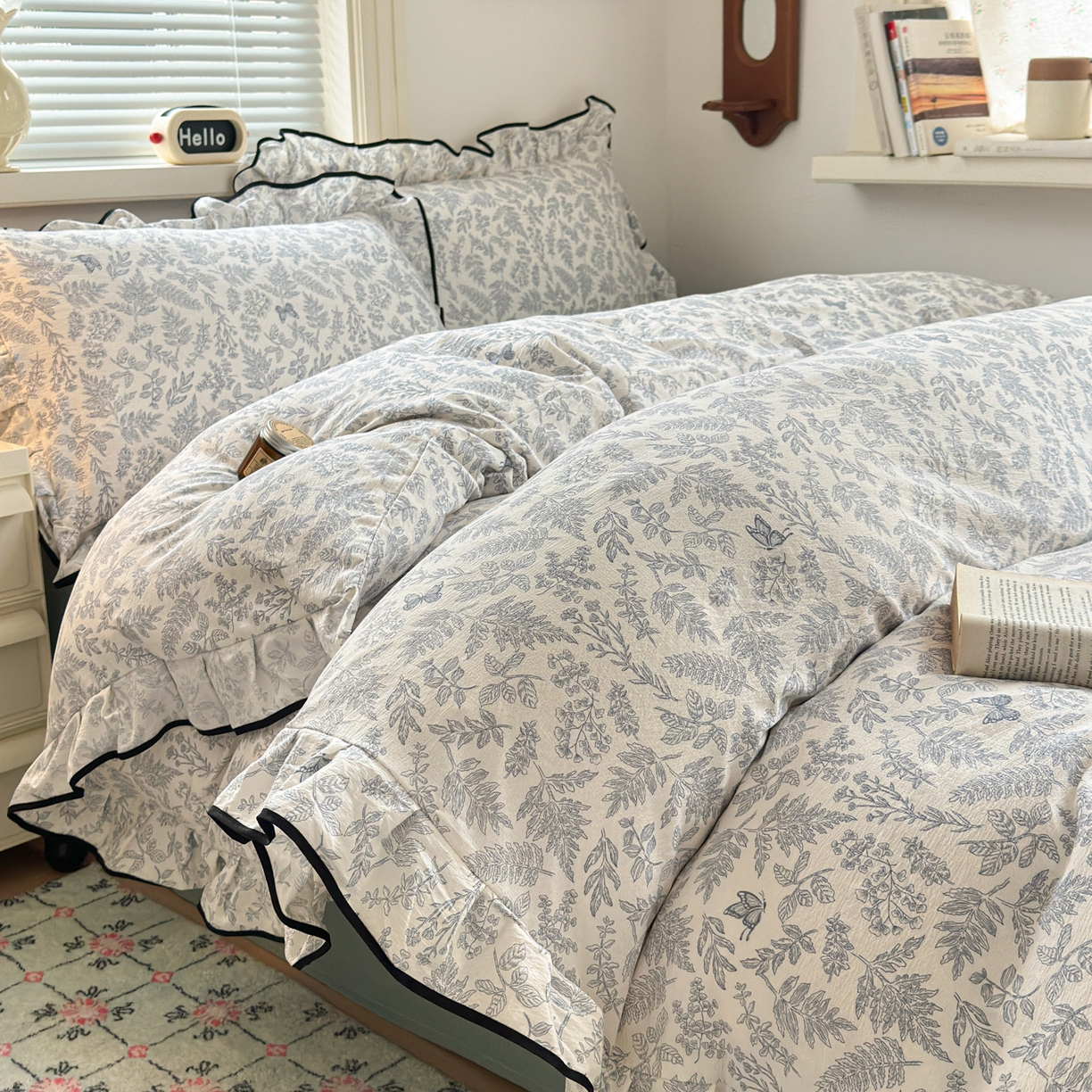 91家纺网 家纺一手货源 找家纺 喜颜 2025新款爆款云感提花双层纱木棉花边四件套 优兰