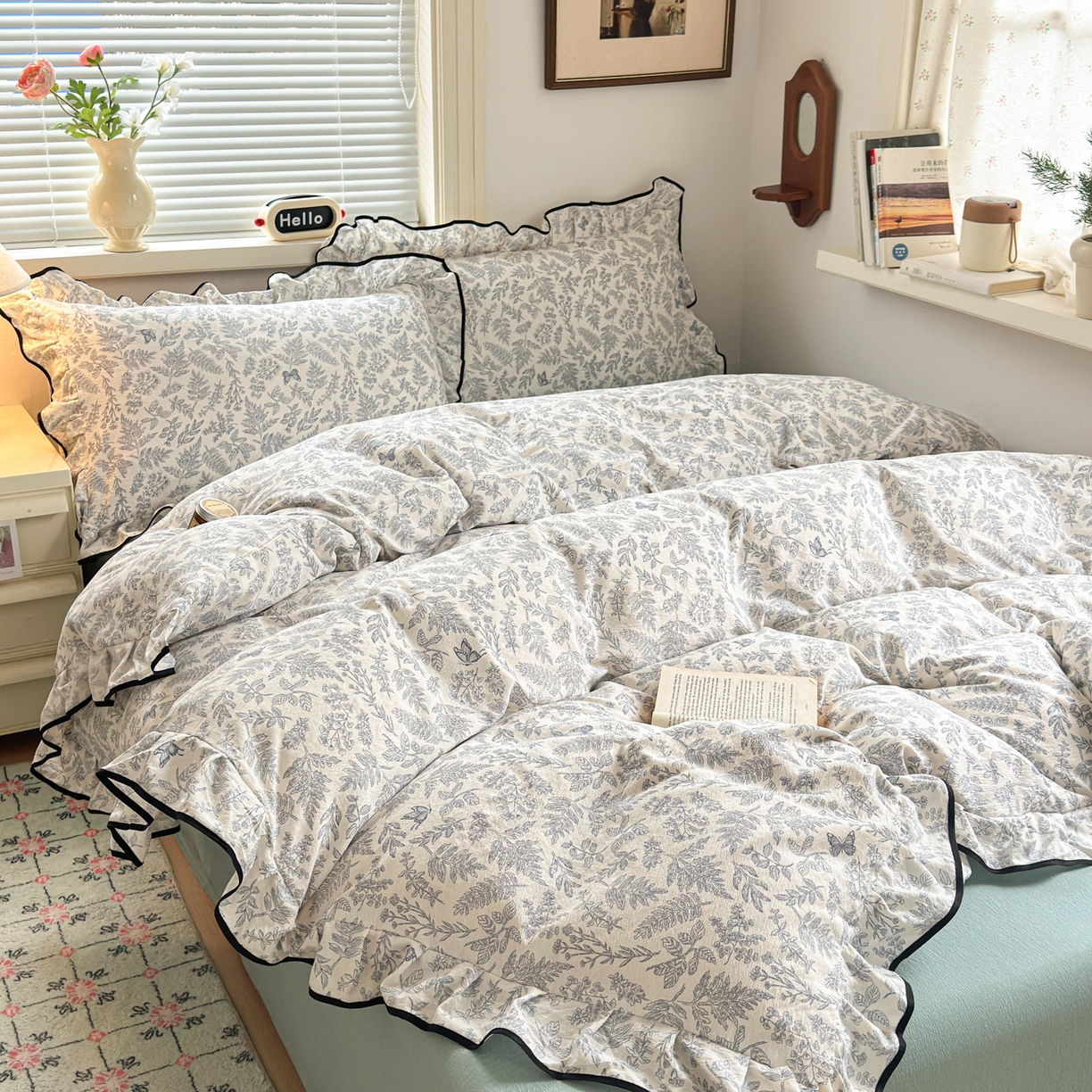 91家纺网 家纺一手货源 找家纺 喜颜 2025新款爆款云感提花双层纱木棉花边四件套 优兰