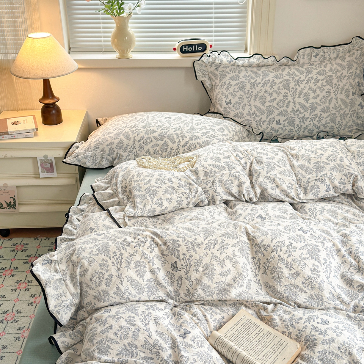 91家纺网 家纺一手货源 找家纺 喜颜 2025新款爆款云感提花双层纱木棉花边四件套 优兰