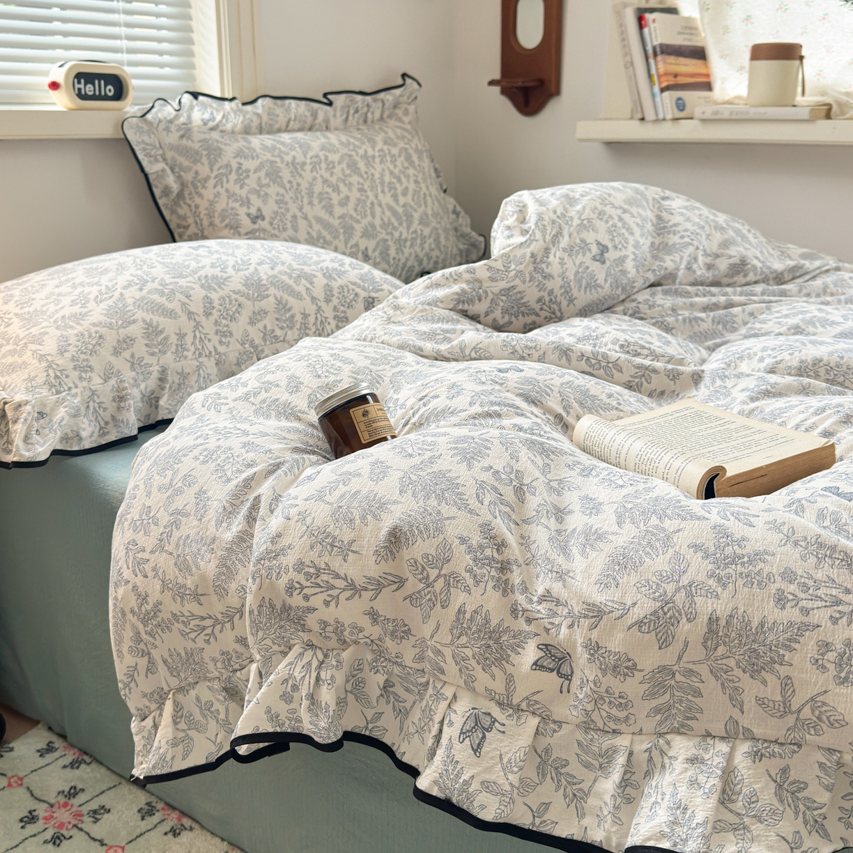 91家纺网 家纺一手货源 找家纺 喜颜 2025新款爆款云感提花双层纱木棉花边四件套 优兰