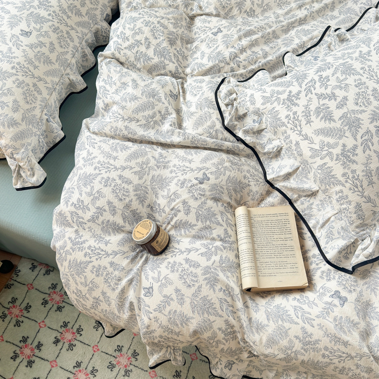 91家纺网 家纺一手货源 找家纺 喜颜 2025新款爆款云感提花双层纱木棉花边四件套 优兰