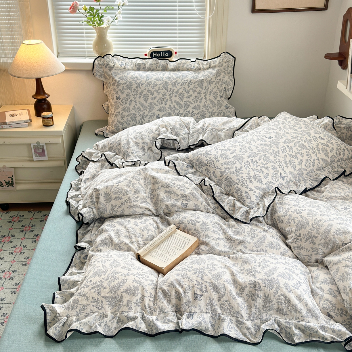 91家纺网 家纺一手货源 找家纺 喜颜 2025新款爆款云感提花双层纱木棉花边四件套 优兰