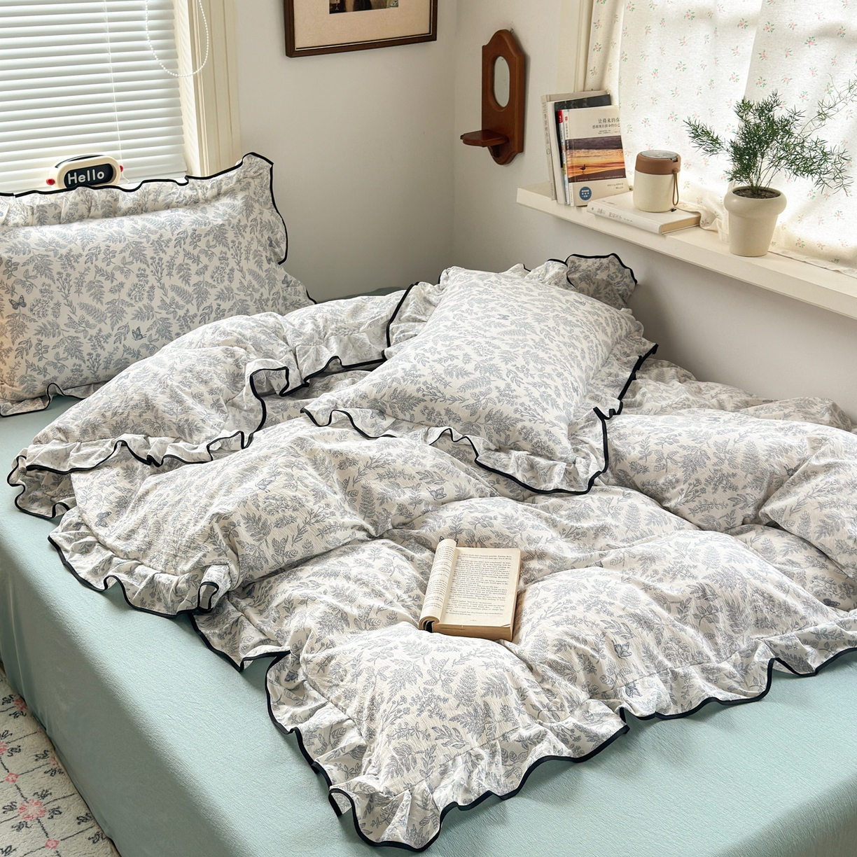 91家纺网 家纺一手货源 找家纺 喜颜 2025新款爆款云感提花双层纱木棉花边四件套 优兰