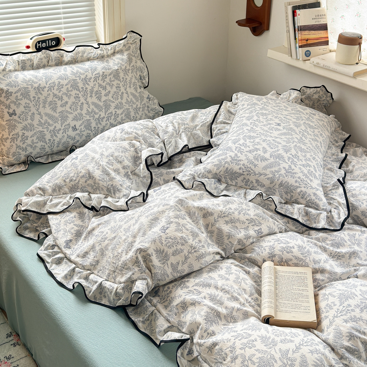 91家纺网 家纺一手货源 找家纺 喜颜 2025新款爆款云感提花双层纱木棉花边四件套 优兰