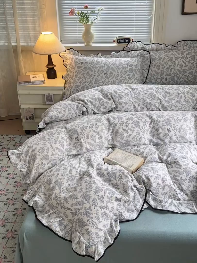 91家纺网 家纺一手货源 找家纺 喜颜 2025新款爆款云感提花双层纱木棉花边四件套 优兰