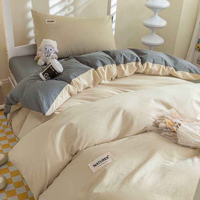 91家纺网 家纺一手货源 找家纺 佳汐蓝家纺 2025新款A类全棉水洗棉学生三件套 贴标-奶茶+中灰