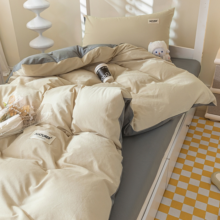 91家纺网 家纺一手货源 找家纺 佳汐蓝家纺 2025新款A类全棉水洗棉学生三件套 贴标-奶茶+中灰