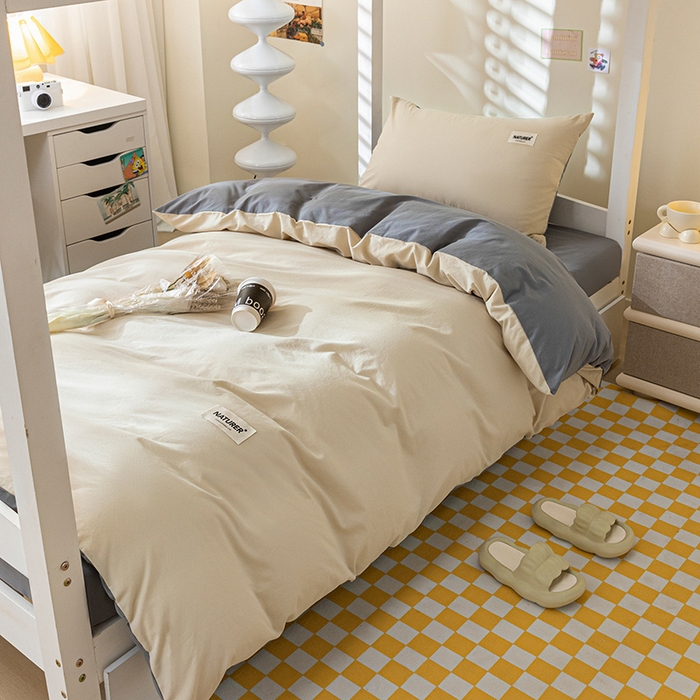 91家纺网 家纺一手货源 找家纺 佳汐蓝家纺 2025新款A类全棉水洗棉学生三件套 贴标-奶茶+中灰