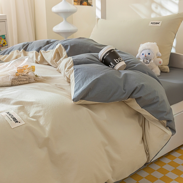 91家纺网 家纺一手货源 找家纺 佳汐蓝家纺 2025新款A类全棉水洗棉学生三件套 贴标-奶茶+中灰