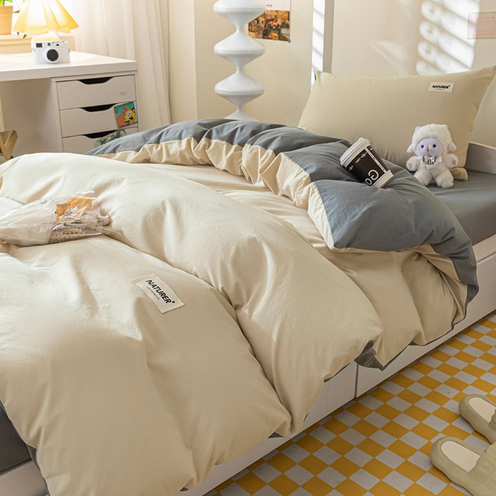 91家纺网 家纺一手货源 找家纺 佳汐蓝家纺 2025新款A类全棉水洗棉学生三件套 贴标-奶茶+中灰