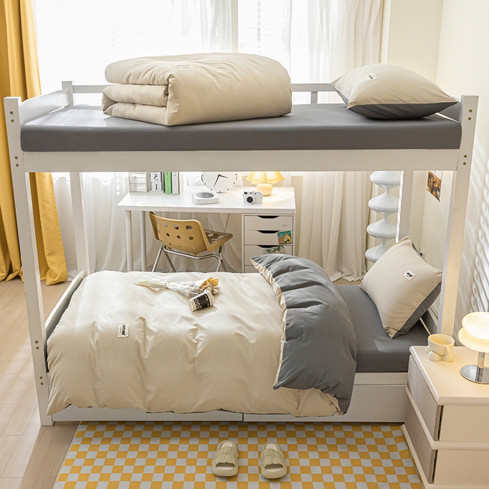 91家纺网 家纺一手货源 找家纺 佳汐蓝家纺 2025新款A类全棉水洗棉学生三件套 贴标-奶茶+中灰