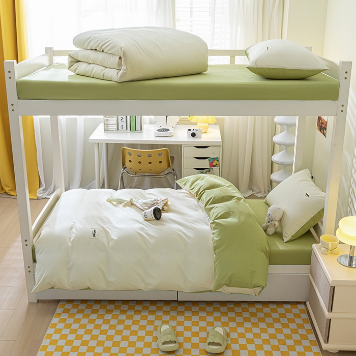 91家纺网 家纺一手货源 找家纺 佳汐蓝家纺 2025新款A类全棉水洗棉学生三件套 贴标-奶昔白+果绿