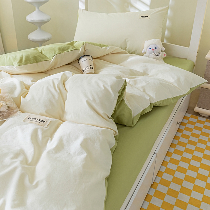 91家纺网 家纺一手货源 找家纺 佳汐蓝家纺 2025新款A类全棉水洗棉学生三件套 贴标-奶昔白+果绿