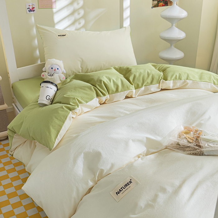 91家纺网 家纺一手货源 找家纺 佳汐蓝家纺 2025新款A类全棉水洗棉学生三件套 贴标-奶昔白+果绿