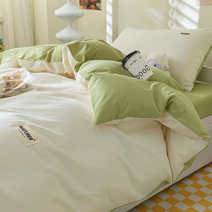 91家纺网 家纺一手货源 找家纺 佳汐蓝家纺 2025新款A类全棉水洗棉学生三件套 贴标-奶昔白+果绿