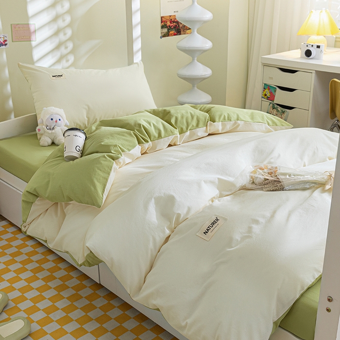 91家纺网 家纺一手货源 找家纺 佳汐蓝家纺 2025新款A类全棉水洗棉学生三件套 贴标-奶昔白+果绿