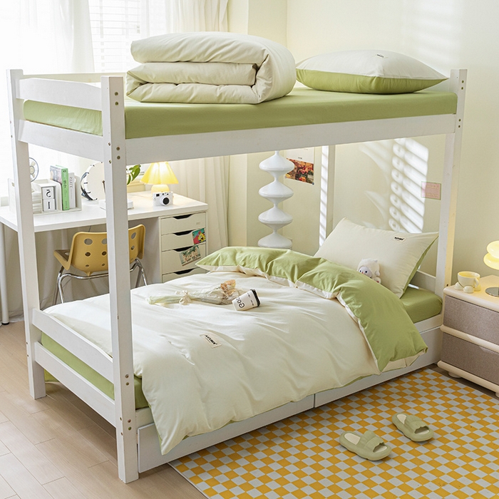 佳汐蓝家纺 2025新款A类全棉水洗棉学生三件套 贴标-奶昔白+果绿