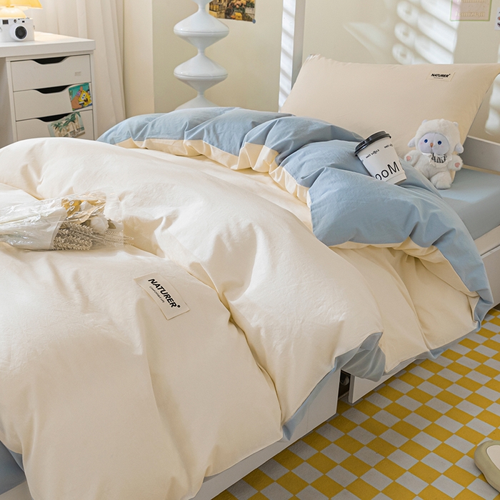 91家纺网 家纺一手货源 找家纺 佳汐蓝家纺 2025新款A类全棉水洗棉学生三件套 贴标-奶昔白+海青