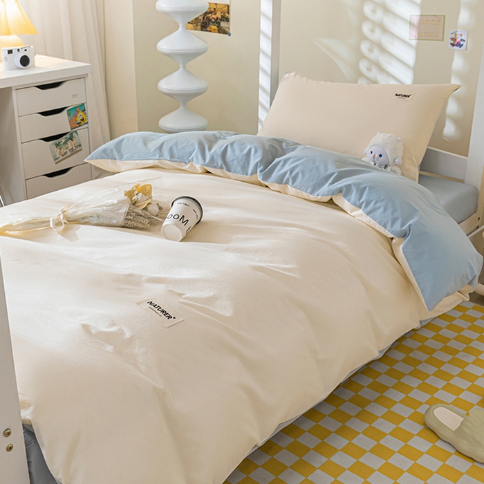 91家纺网 家纺一手货源 找家纺 佳汐蓝家纺 2025新款A类全棉水洗棉学生三件套 贴标-奶昔白+海青