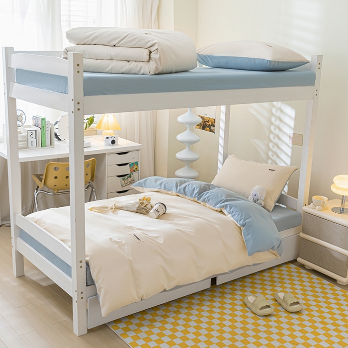 佳汐蓝家纺 2025新款A类全棉水洗棉学生三件套 贴标-奶昔白+海青