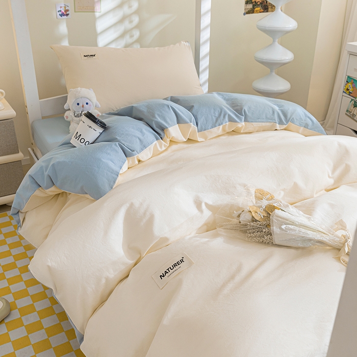 91家纺网 家纺一手货源 找家纺 佳汐蓝家纺 2025新款A类全棉水洗棉学生三件套 贴标-奶昔白+海青