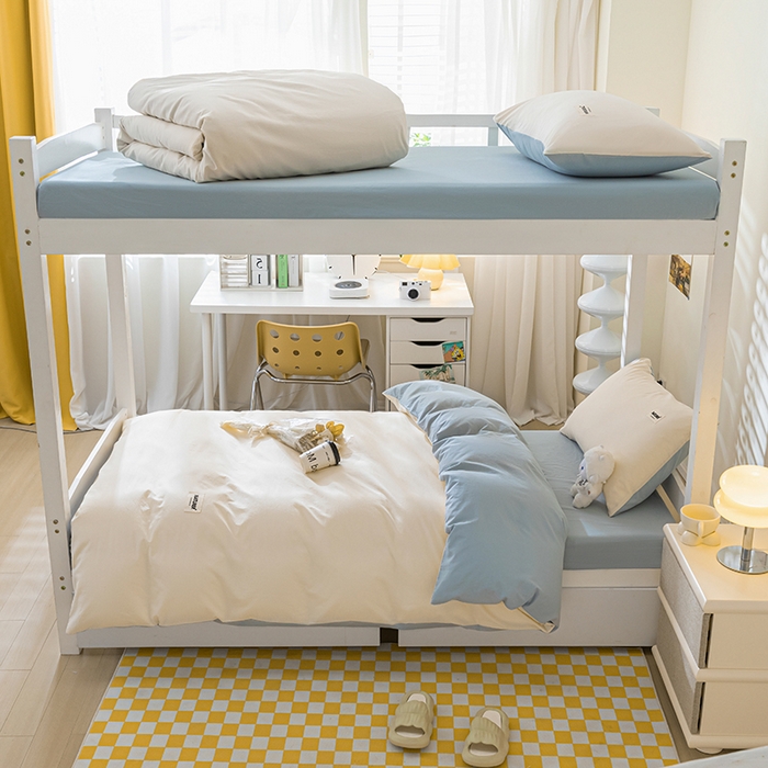 91家纺网 家纺一手货源 找家纺 佳汐蓝家纺 2025新款A类全棉水洗棉学生三件套 贴标-奶昔白+海青