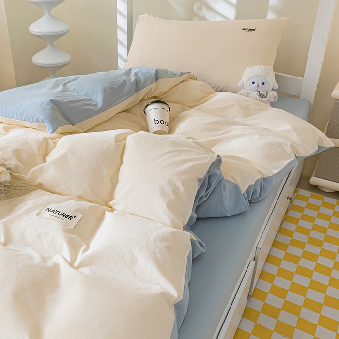 91家纺网 家纺一手货源 找家纺 佳汐蓝家纺 2025新款A类全棉水洗棉学生三件套 贴标-奶昔白+海青