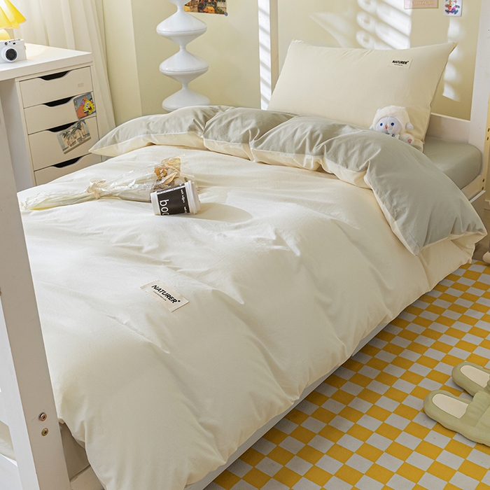 91家纺网 家纺一手货源 找家纺 佳汐蓝家纺 2025新款A类全棉水洗棉学生三件套 贴标-奶昔白+奶茶