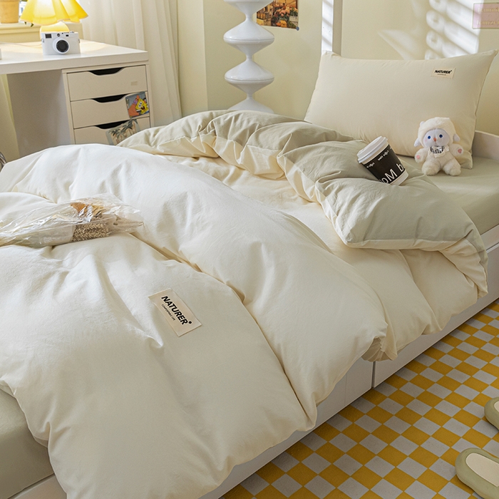 91家纺网 家纺一手货源 找家纺 佳汐蓝家纺 2025新款A类全棉水洗棉学生三件套 贴标-奶昔白+奶茶