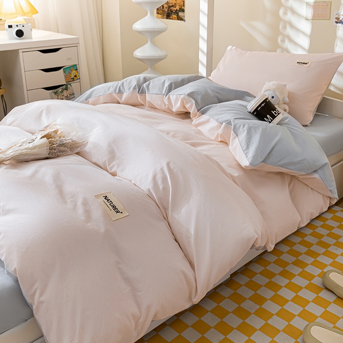 91家纺网 家纺一手货源 找家纺 佳汐蓝家纺 2025新款A类全棉水洗棉学生三件套 贴标-奶油粉+山灰