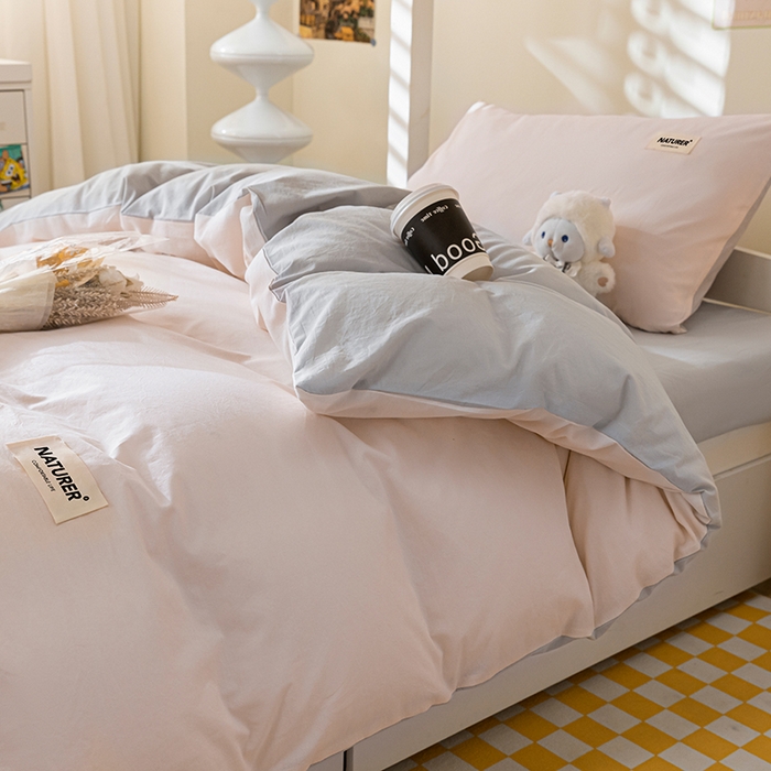 91家纺网 家纺一手货源 找家纺 佳汐蓝家纺 2025新款A类全棉水洗棉学生三件套 贴标-奶油粉+山灰