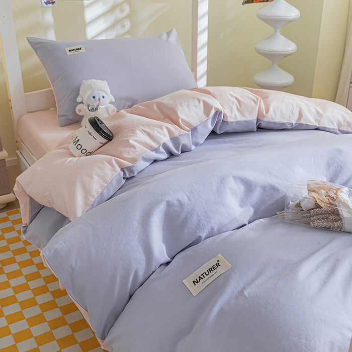 91家纺网 家纺一手货源 找家纺 佳汐蓝家纺 2025新款A类全棉水洗棉学生三件套 贴标-浅紫+奶油粉