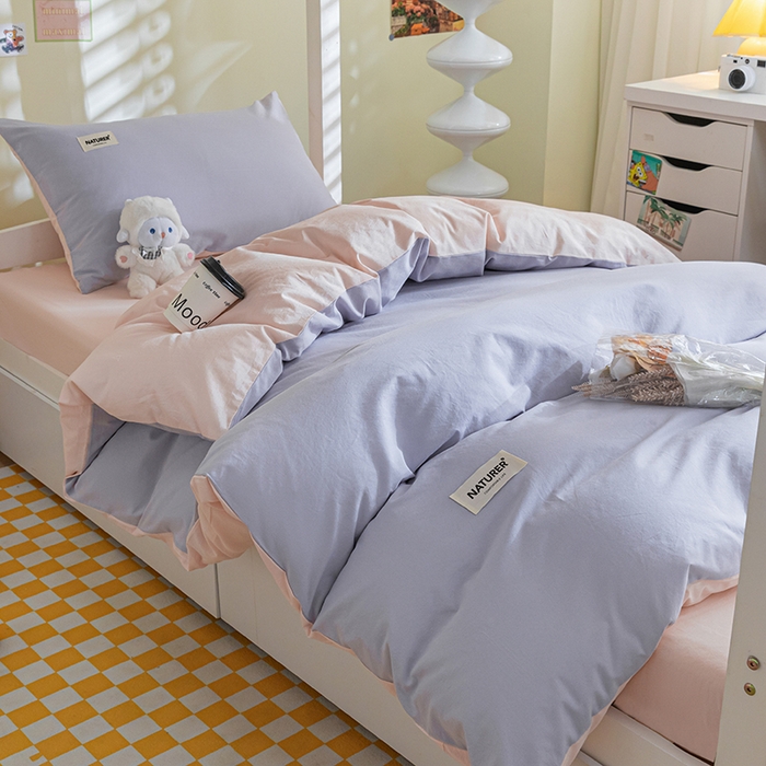 91家纺网 家纺一手货源 找家纺 佳汐蓝家纺 2025新款A类全棉水洗棉学生三件套 贴标-浅紫+奶油粉