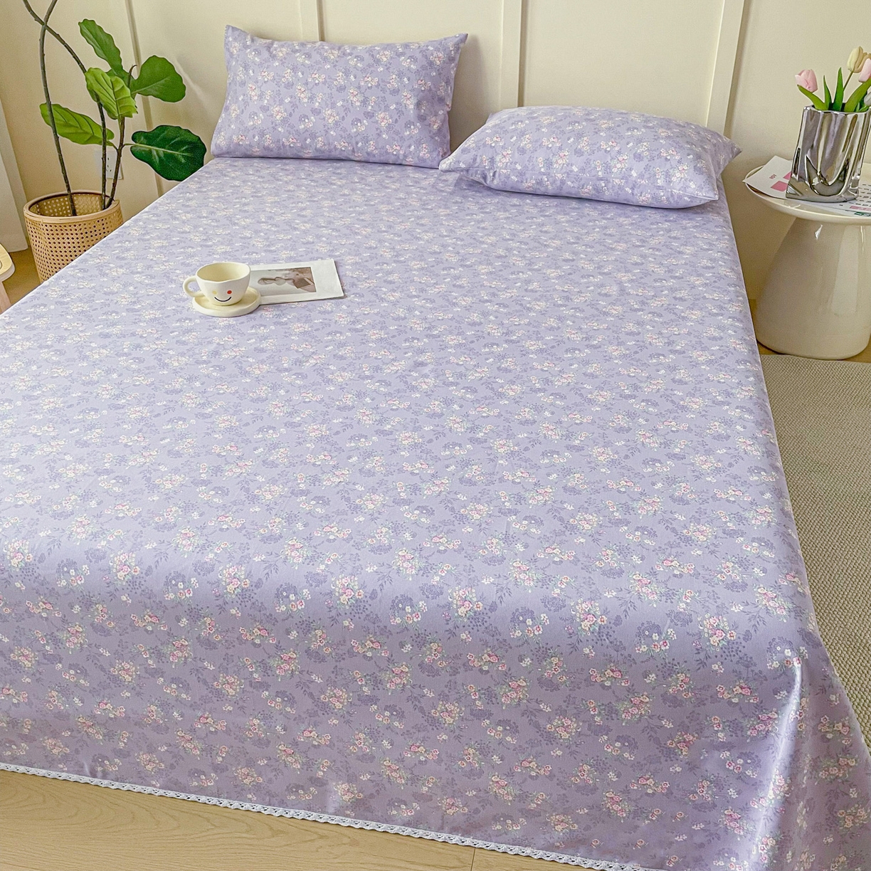 91家纺网 家纺一手货源 找家纺 首爱家纺2025新款花边款老粗布床单 豆蔻