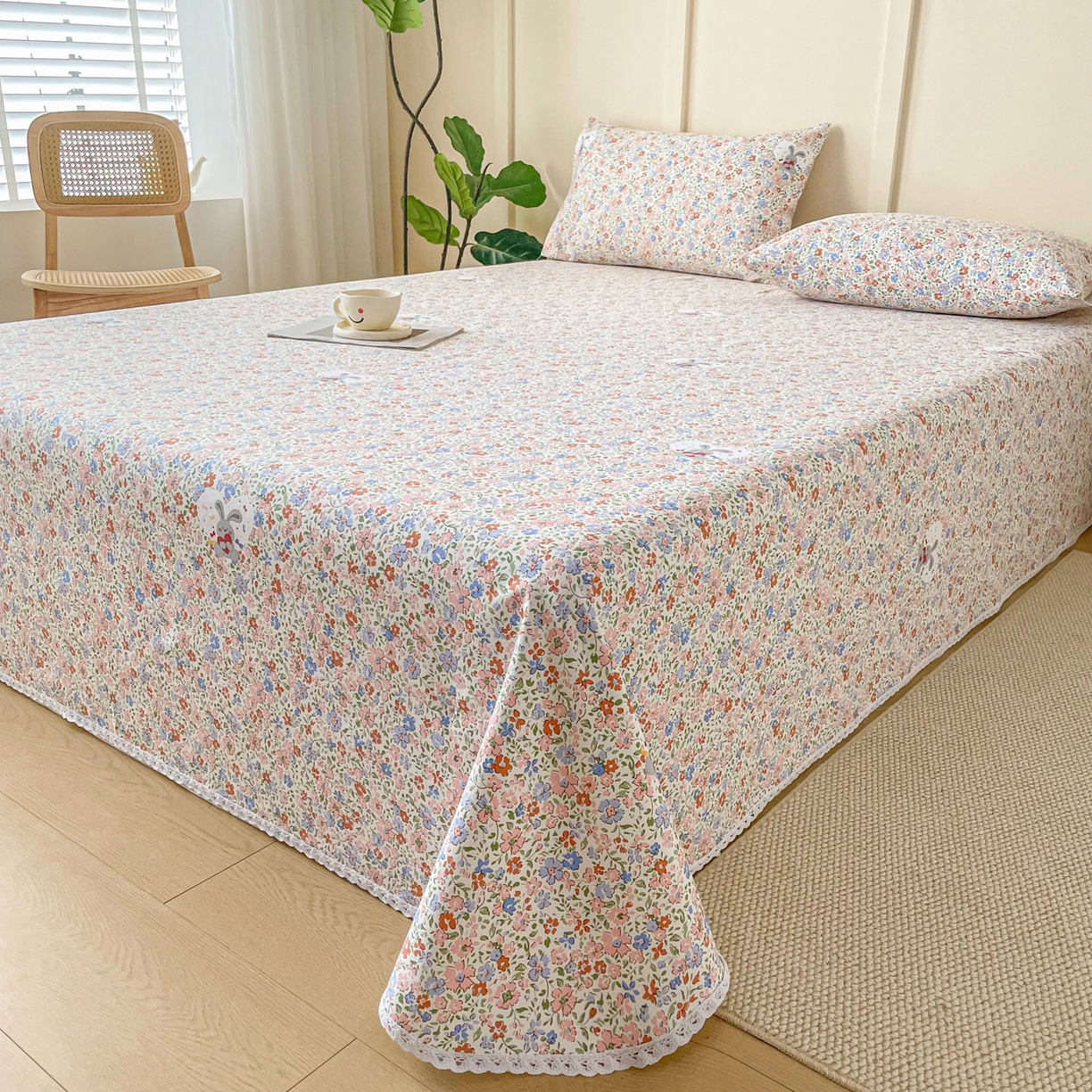 91家纺网 家纺一手货源 找家纺 首爱家纺2025新款花边款老粗布床单 花语兔