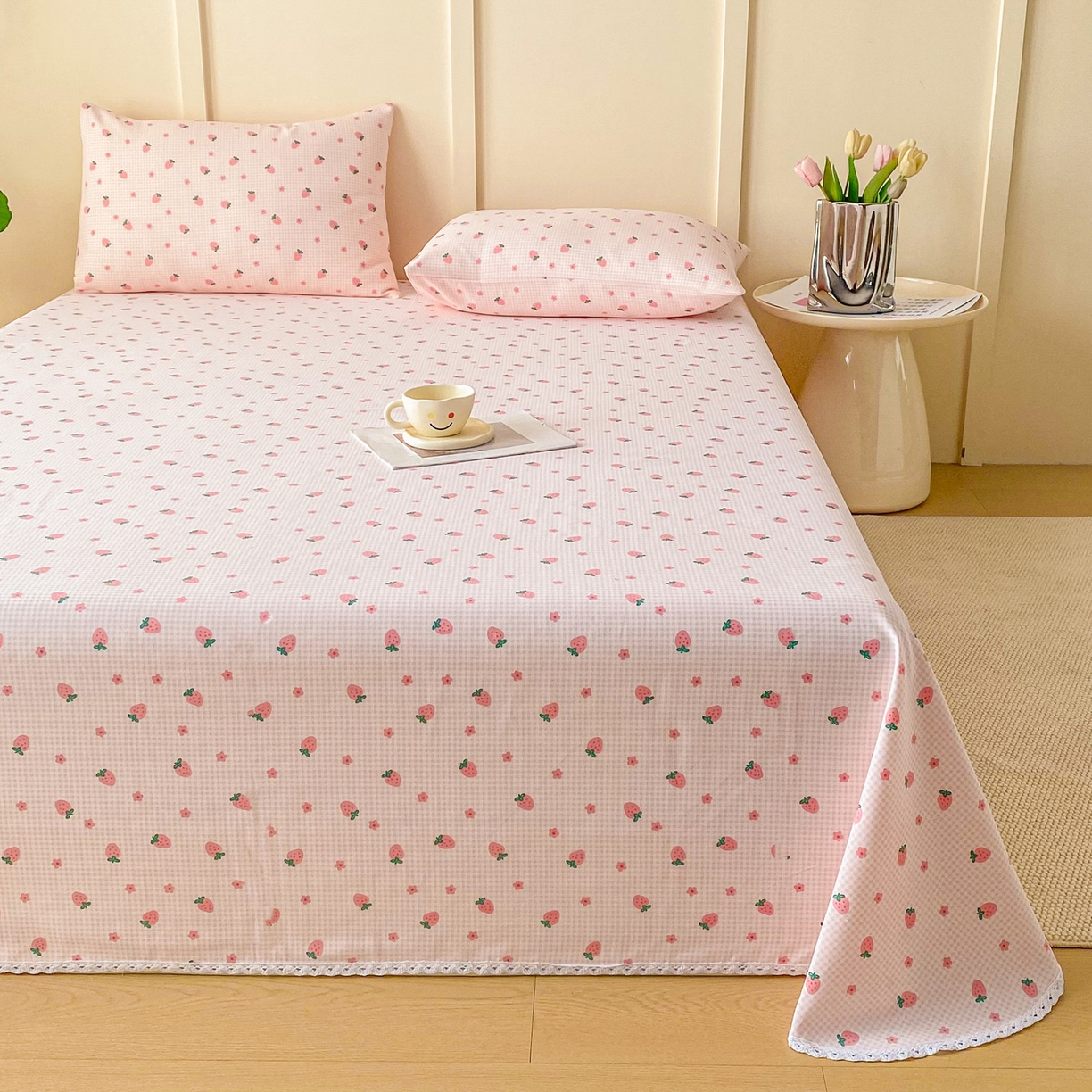 91家纺网 家纺一手货源 找家纺 首爱家纺2025新款花边款老粗布床单 莓莓果