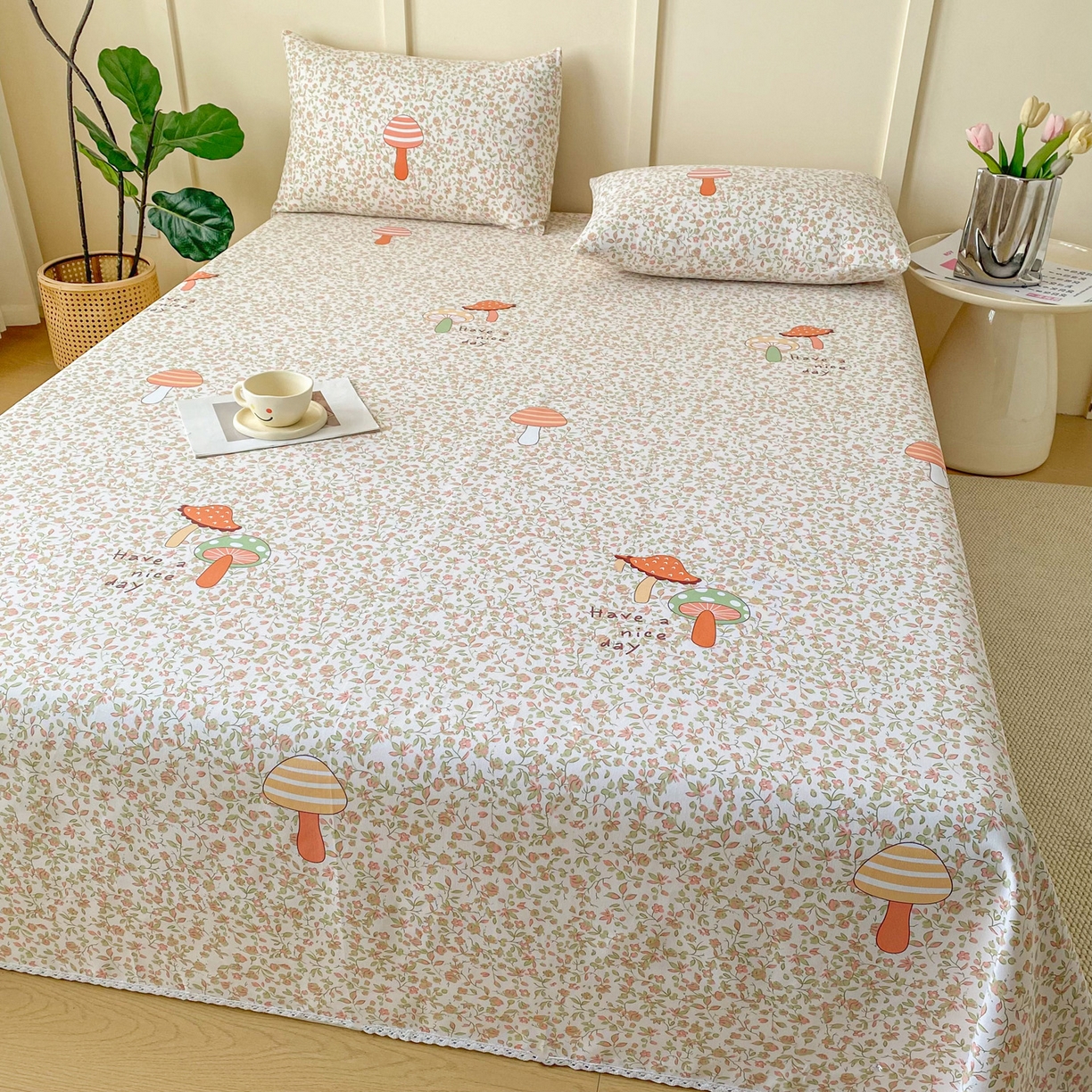 91家纺网 家纺一手货源 找家纺 首爱家纺2025新款花边款老粗布床单 蘑菇屋