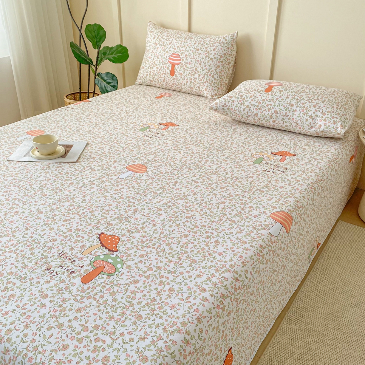 91家纺网 家纺一手货源 找家纺 首爱家纺2025新款花边款老粗布床单 蘑菇屋