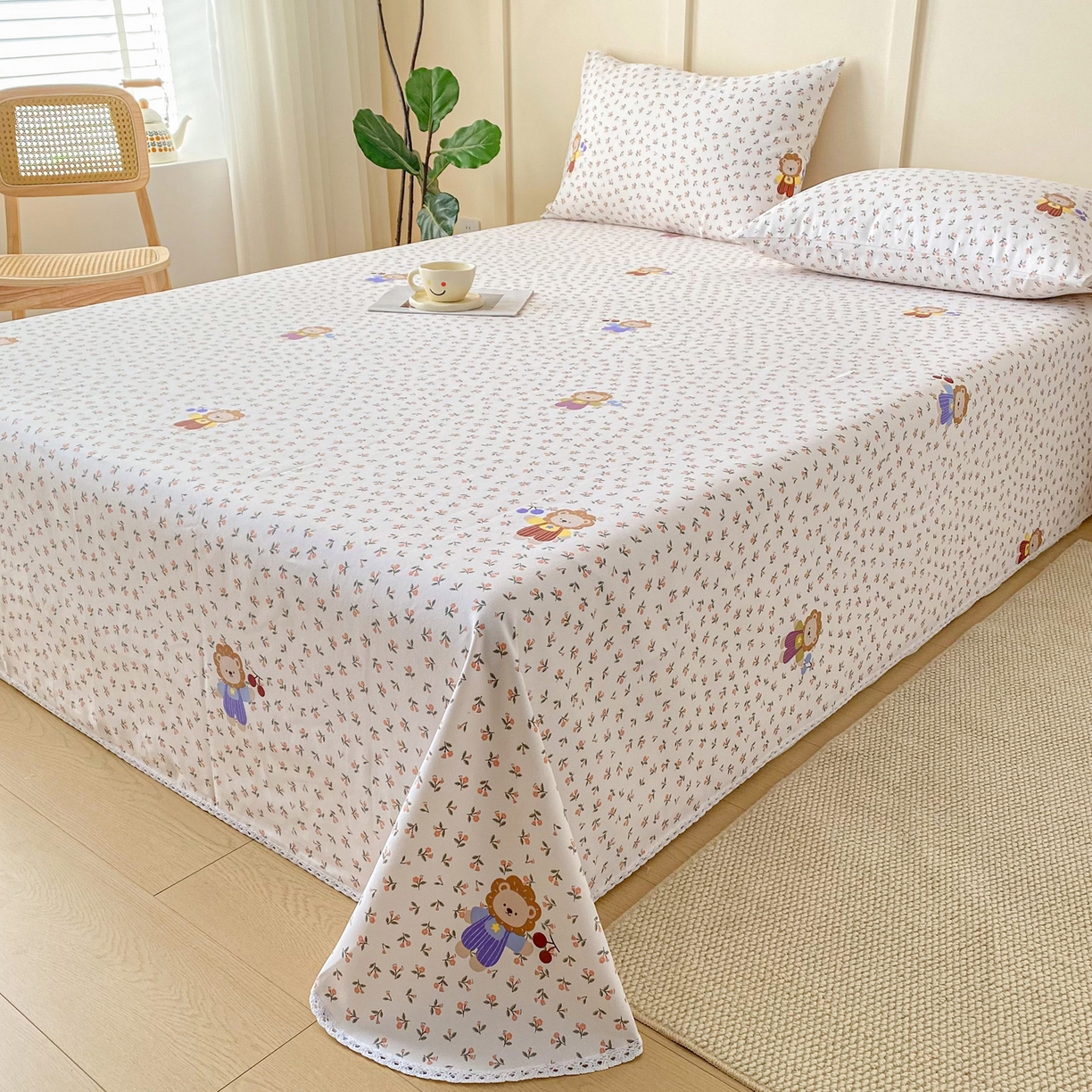 91家纺网 家纺一手货源 找家纺 首爱家纺2025新款花边款老粗布床单 樱桃花